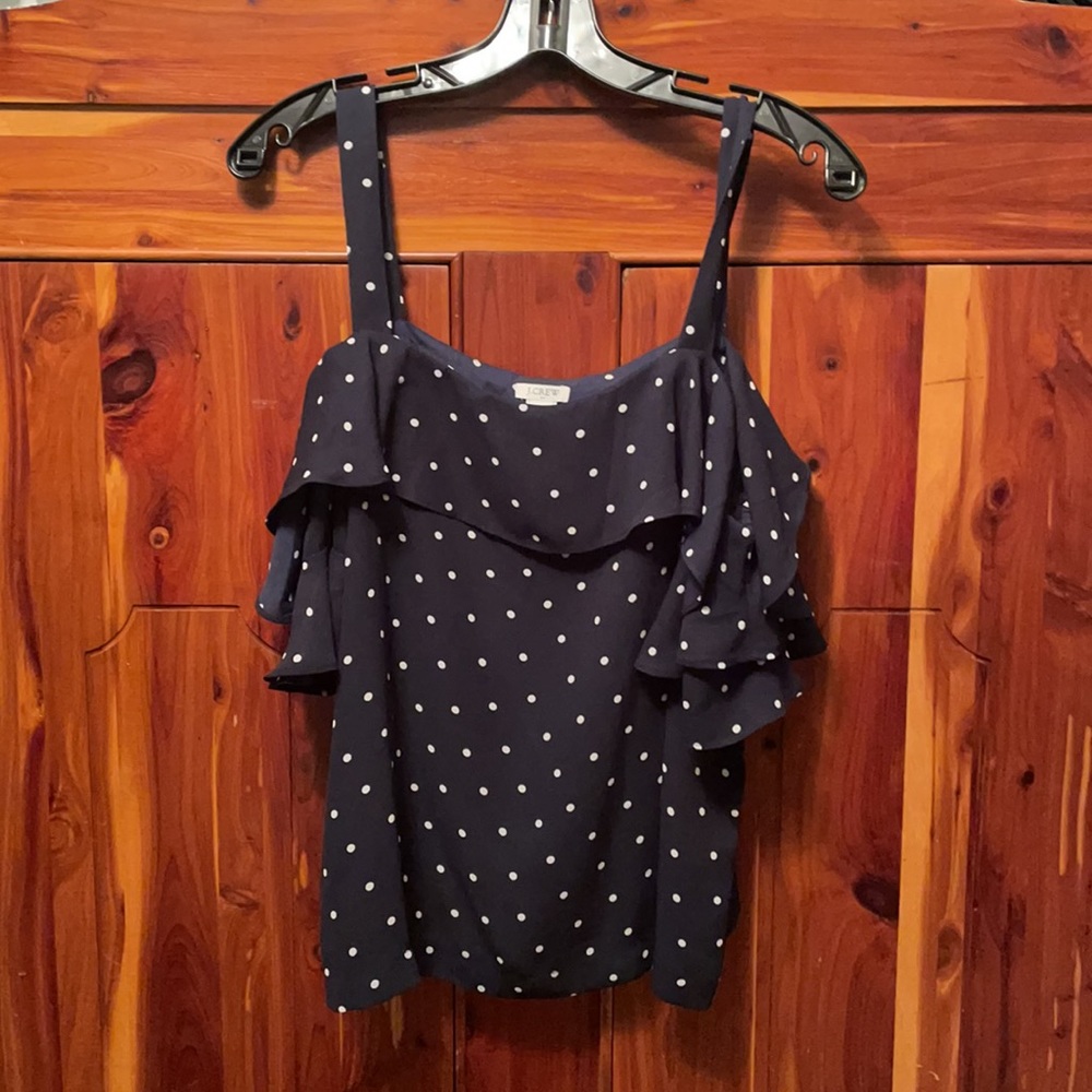 JCrew navy and white polka dot summer top. EUC